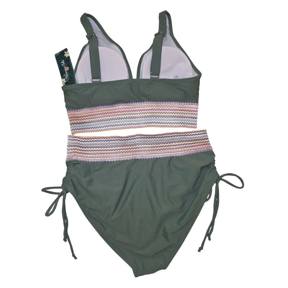 Blooming Jelly Womens Olive Green High Waisted Bikini Set Crochet Trim Size M - Picture 3 of 5